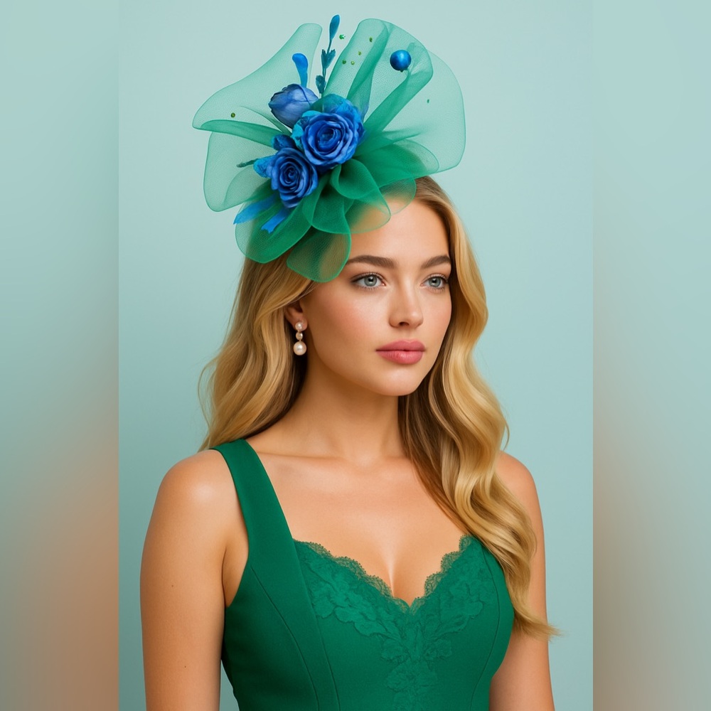 Elegant Green Fascinator with Kentucky Blue Roses KY Derby Hat Church Tea Formal
